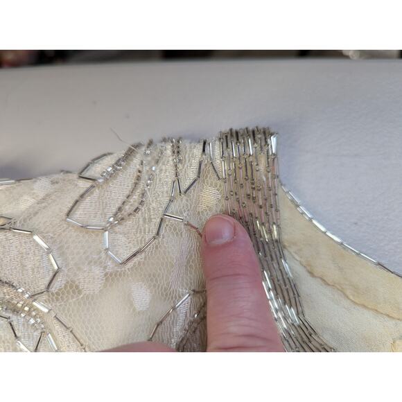 Vtg Judith Ann Plus Beaded Formal Gown Womens 16 Cream Silver Drop Waist Ruching - Picture 10 of 11